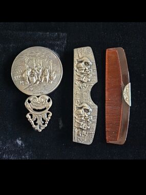 Vintage Denmark Silverplate Vanity Set Mirror Comb Figural Scene